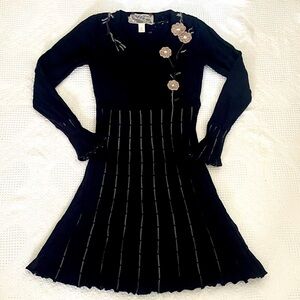 Anthropologie Nick & Mo Floral Appliqué Sweater Dress Size M Navy 100% Cotton